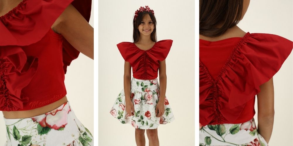 Elegancki crop top dziewczęcy z falbanami - ekskluzywna odzież dla dzieci Monnalisa - sklep internetowy 